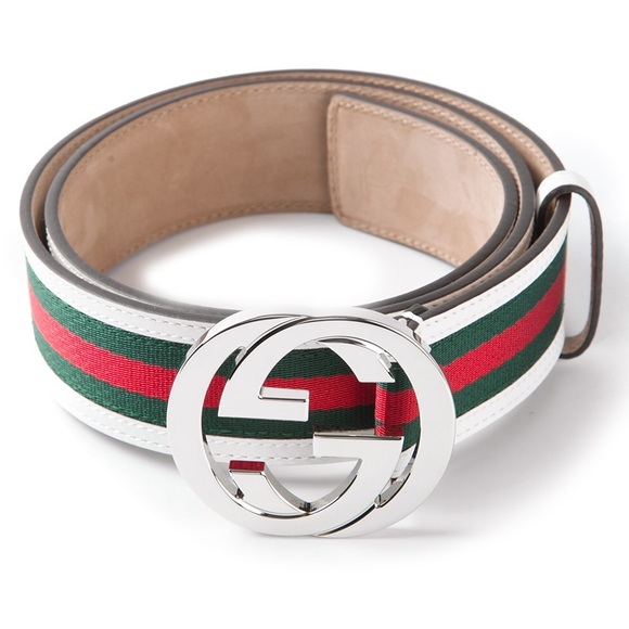 White Green and Red Gucci Striped Leather Belt with Interlocking G logo - Picture 1 of 4